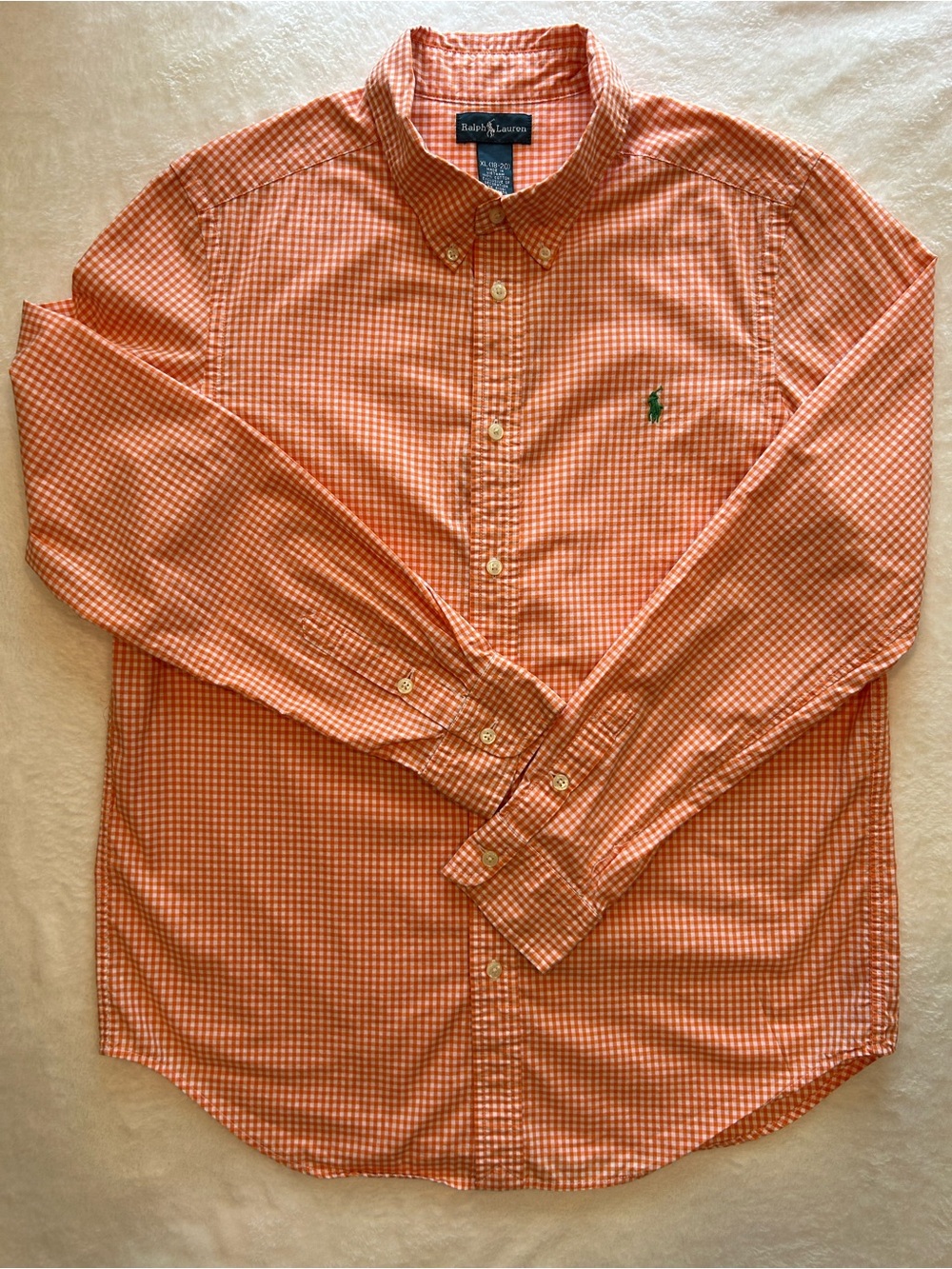 Ralph Lauren Boys XL 18-20 Orange Gingham Long Sleeve Button-Down Shirt